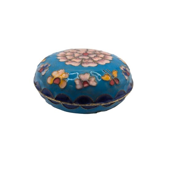 Hand-Painted Floral Cloisonné Trinket Box - Blue & Pink Enamel - 2.5" Diameter - Picture 10 of 10